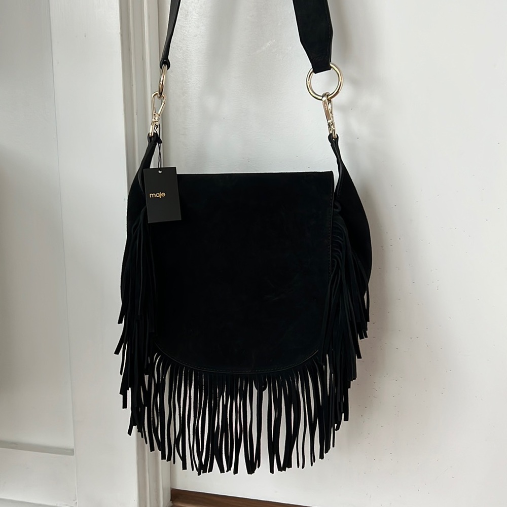 Maje Leather and Suede Fringe Crossbody Bag- BLACK NWT